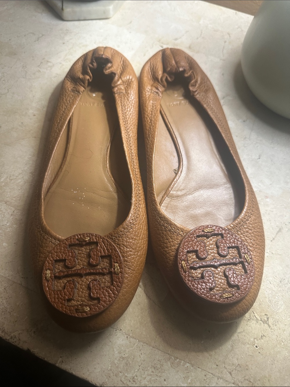 Tory Burch Cognac Brown Leather Logo Ballet Flats
